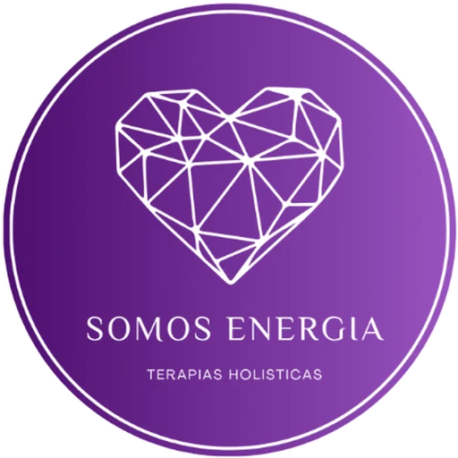 Logo oficial de Somos Energía: corazón geométrico blanco sobre círculo violeta, Terapias Holísticas